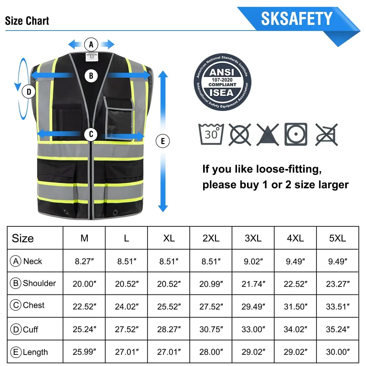 SKSAFETY Class 2 High Visibility Safety Vest with Zipper, Reflective Strips, ANSI/ISEA Standard, 10 Pockets, Black, Large (0.23 kg / 0.5 lb) - view 7