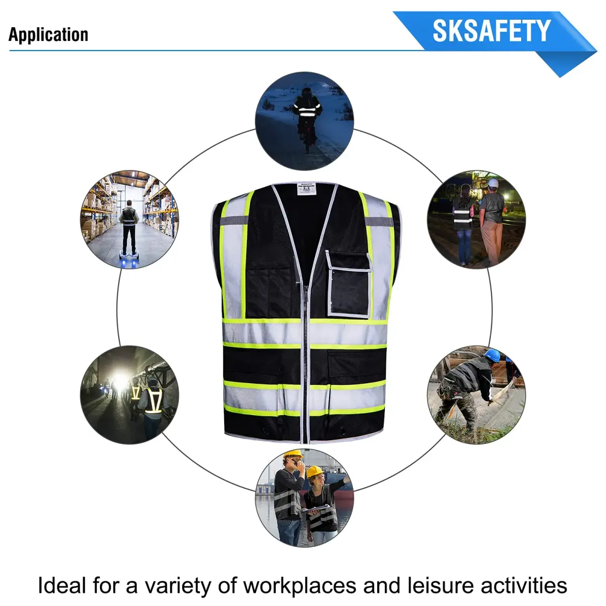 SKSAFETY Class 2 High Visibility Safety Vest with Zipper, Reflective Strips, ANSI/ISEA Standard, 10 Pockets, Black, Large (0.23 kg / 0.5 lb) - view 8
