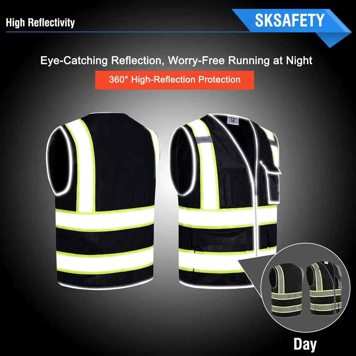 SKSAFETY Class 2 High Visibility Safety Vest with Zipper, Reflective Strips, ANSI/ISEA Standard, 10 Pockets, Black, Large (0.23 kg / 0.5 lb) - view 2