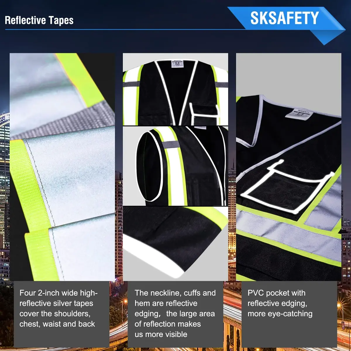 SKSAFETY Class 2 High Visibility Safety Vest with Zipper, Reflective Strips, ANSI/ISEA Standard, 10 Pockets, Black, Large (0.23 kg / 0.5 lb) - view 4