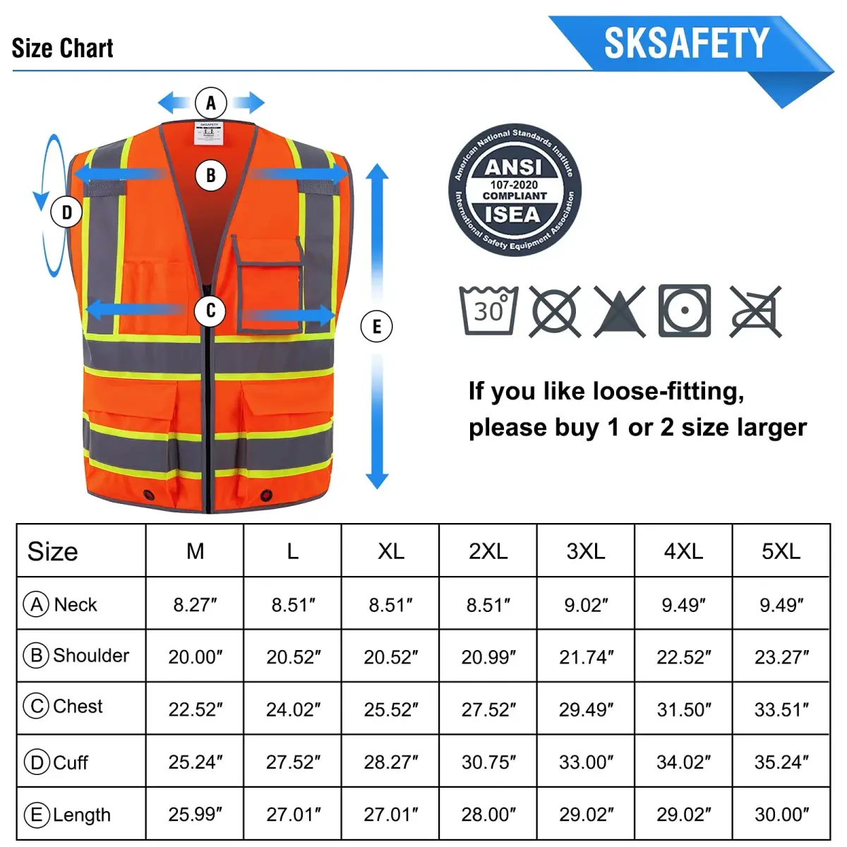 SKSAFETY Orange Class 2 High Visibility Safety Vest with Zipper & 10 Pockets | ANSI/ISEA Standard, 0.27 kg (0.5 lb) - view 7