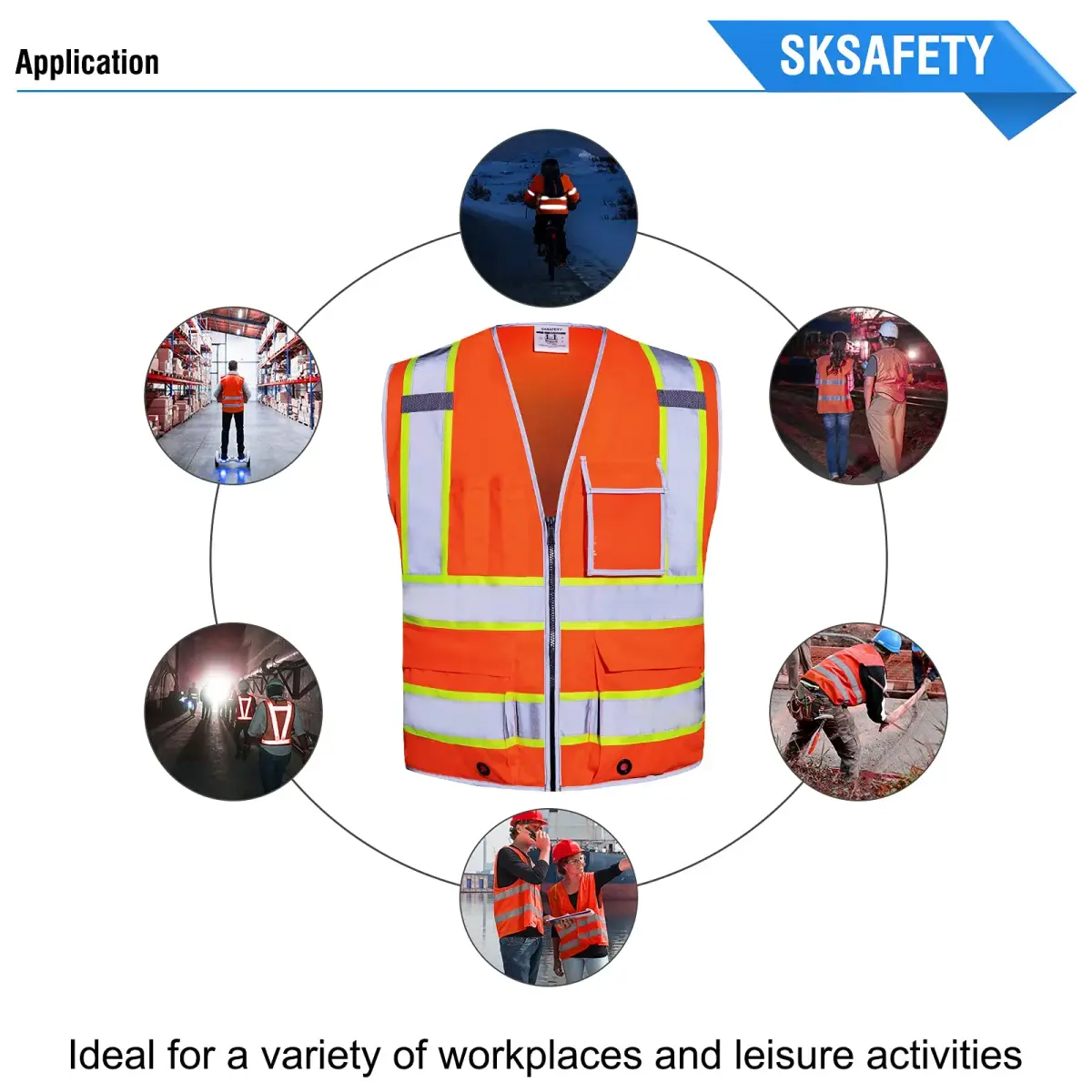 SKSAFETY Orange Class 2 High Visibility Safety Vest with Zipper & 10 Pockets | ANSI/ISEA Standard, 0.27 kg (0.5 lb) - view 8