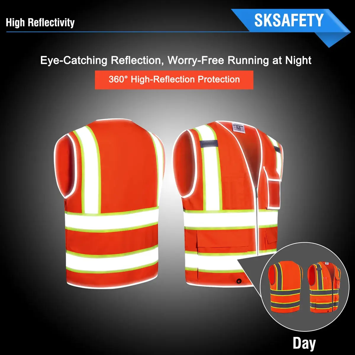 SKSAFETY Orange Class 2 High Visibility Safety Vest with Zipper & 10 Pockets | ANSI/ISEA Standard, 0.27 kg (0.5 lb) - view 2