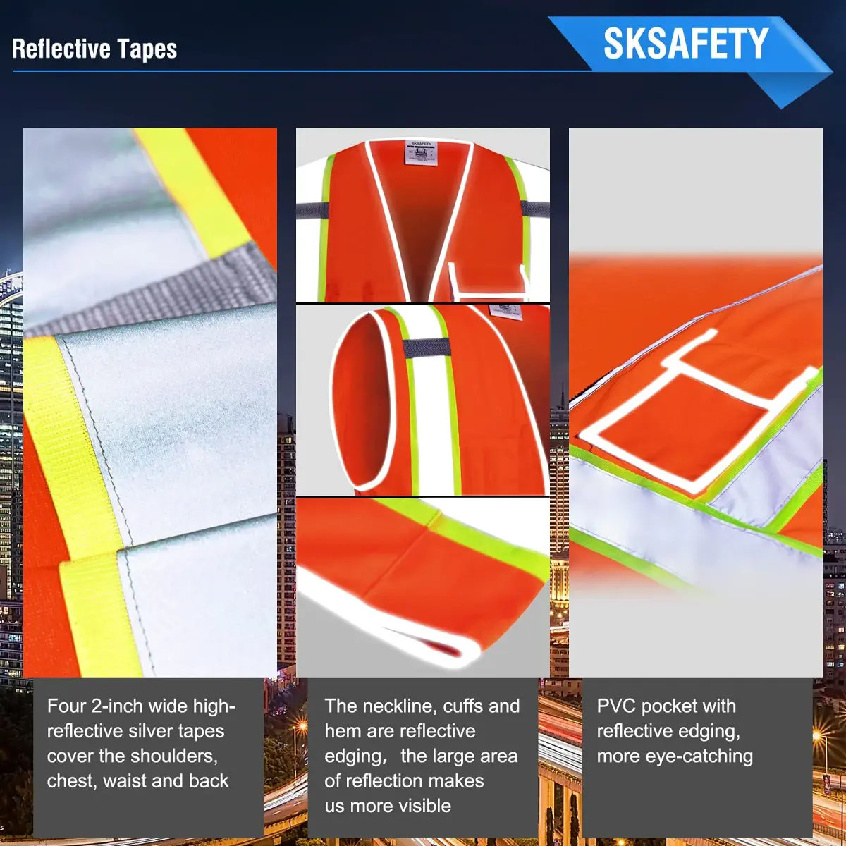 SKSAFETY Orange Class 2 High Visibility Safety Vest with Zipper & 10 Pockets | ANSI/ISEA Standard, 0.27 kg (0.5 lb) - view 4