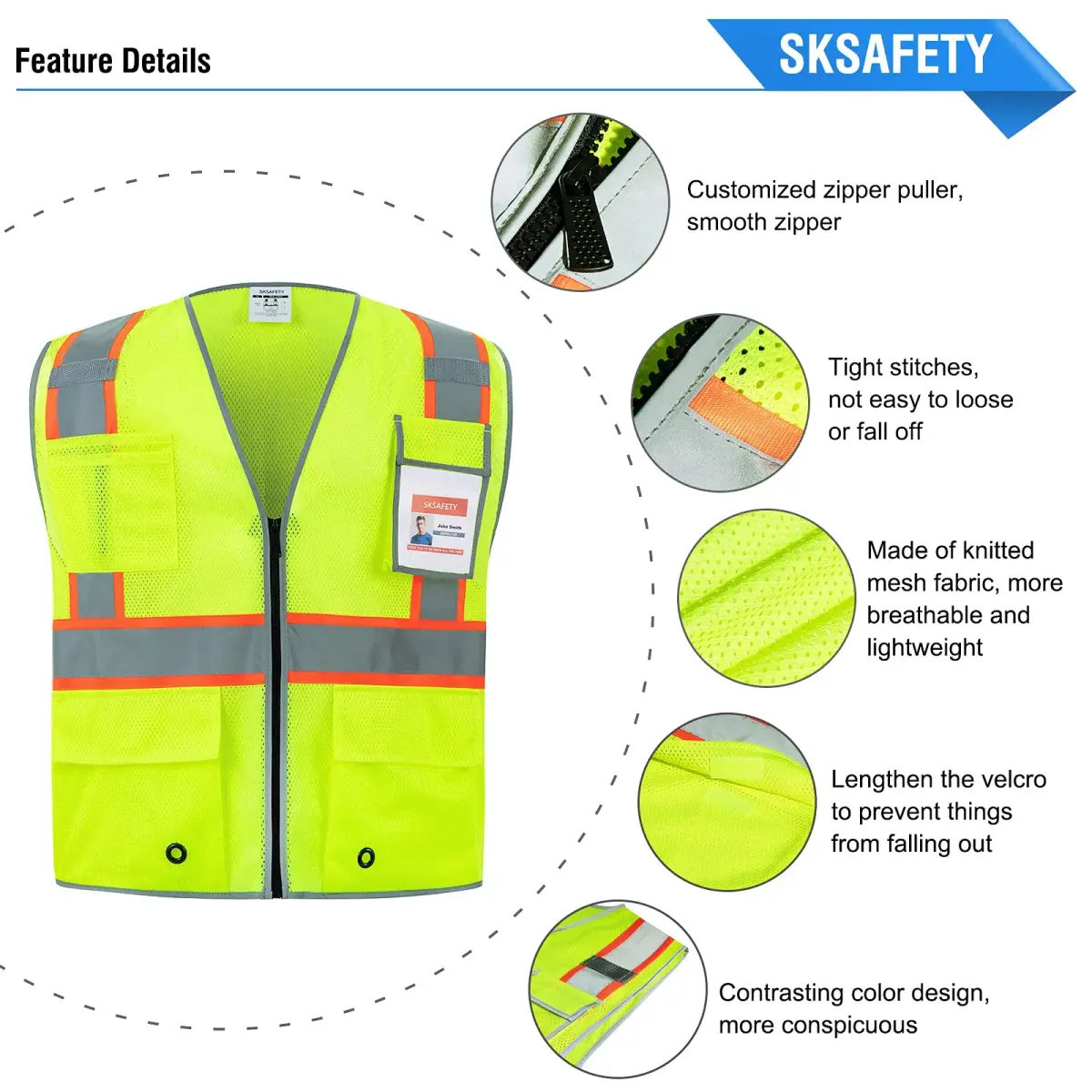 SKSAFETY High Visibility Safety Vest with Zipper and Reflective Strips, Class 2 ANSI/ISEA Standard, 5XL Lime - view 5