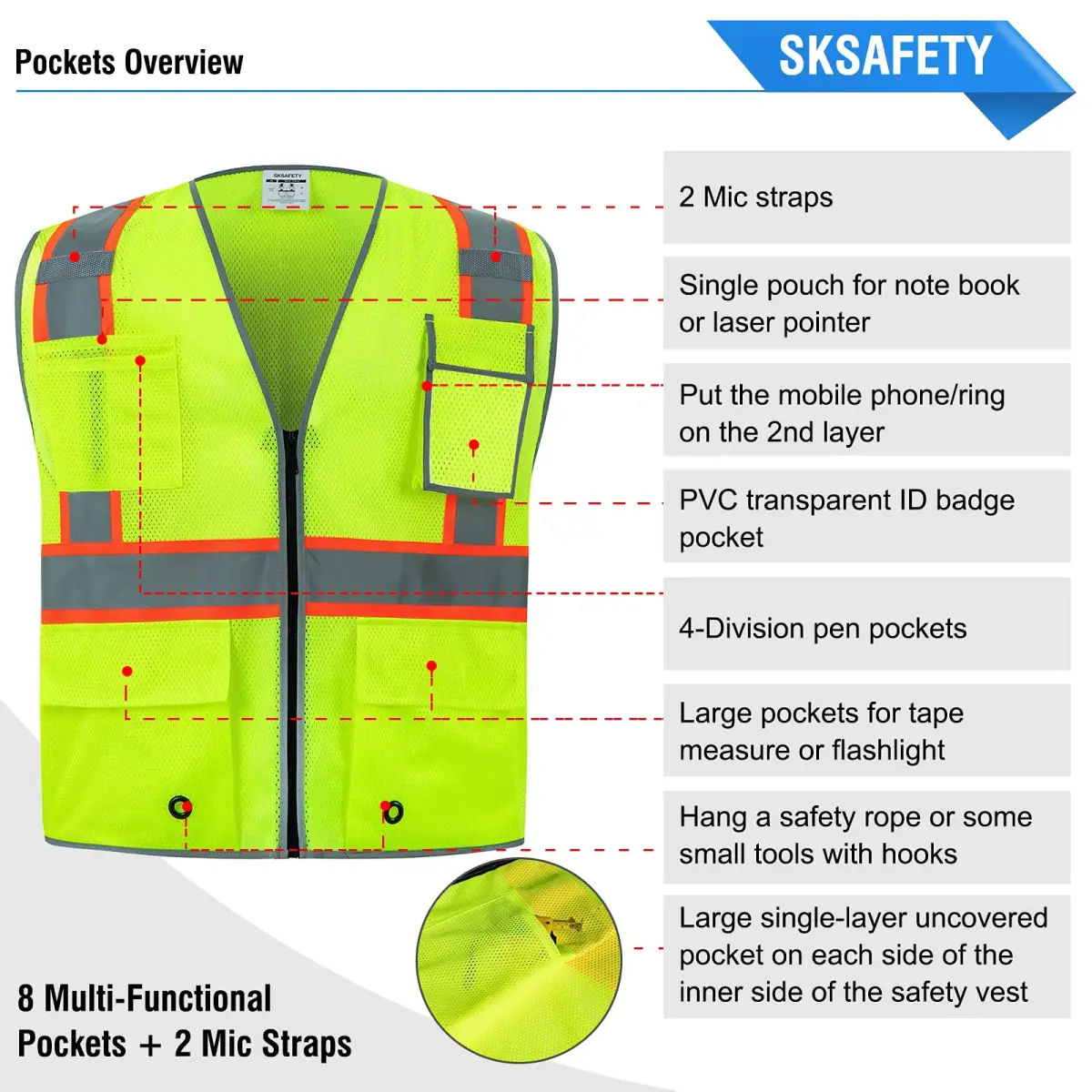 SKSAFETY High Visibility Safety Vest with Zipper and Reflective Strips, Class 2 ANSI/ISEA Standard, 5XL Lime - view 6