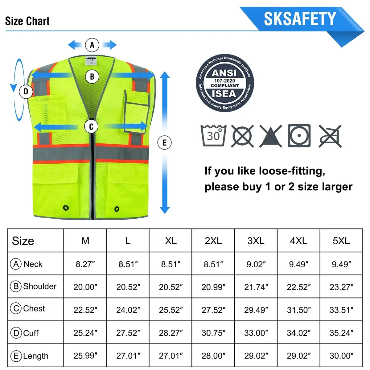 SKSAFETY High Visibility Safety Vest with Zipper and Reflective Strips, Class 2 ANSI/ISEA Standard, 5XL Lime - view 7
