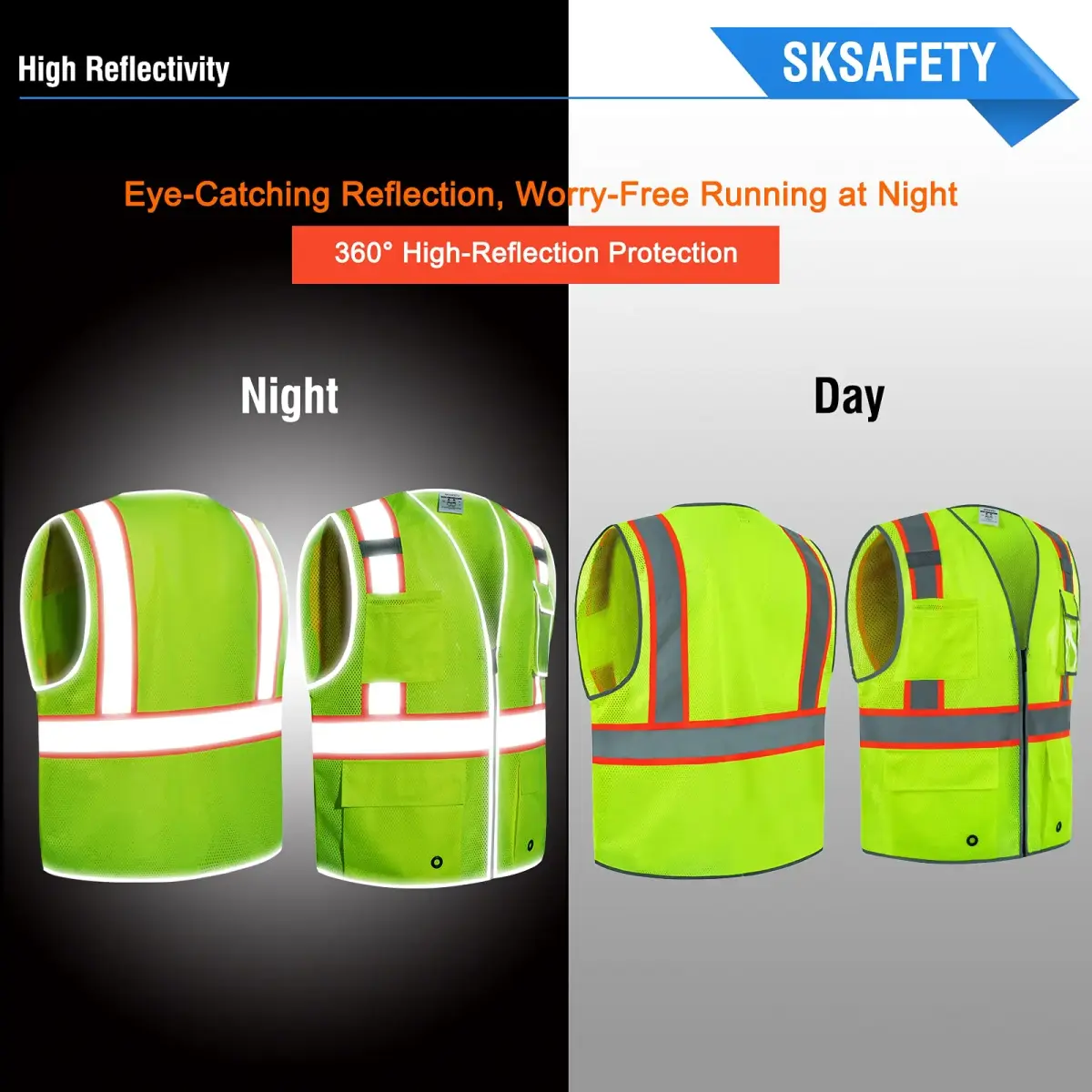 SKSAFETY High Visibility Safety Vest with Zipper and Reflective Strips, Class 2 ANSI/ISEA Standard, 5XL Lime - view 2