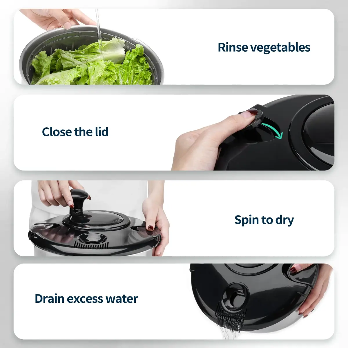 SveBake Stainless Steel Salad Spinner 4.8 Qt with Crank & Non-Slip Base | Washes & Dries Greens, Herbs, Berries, Veggies - view 5