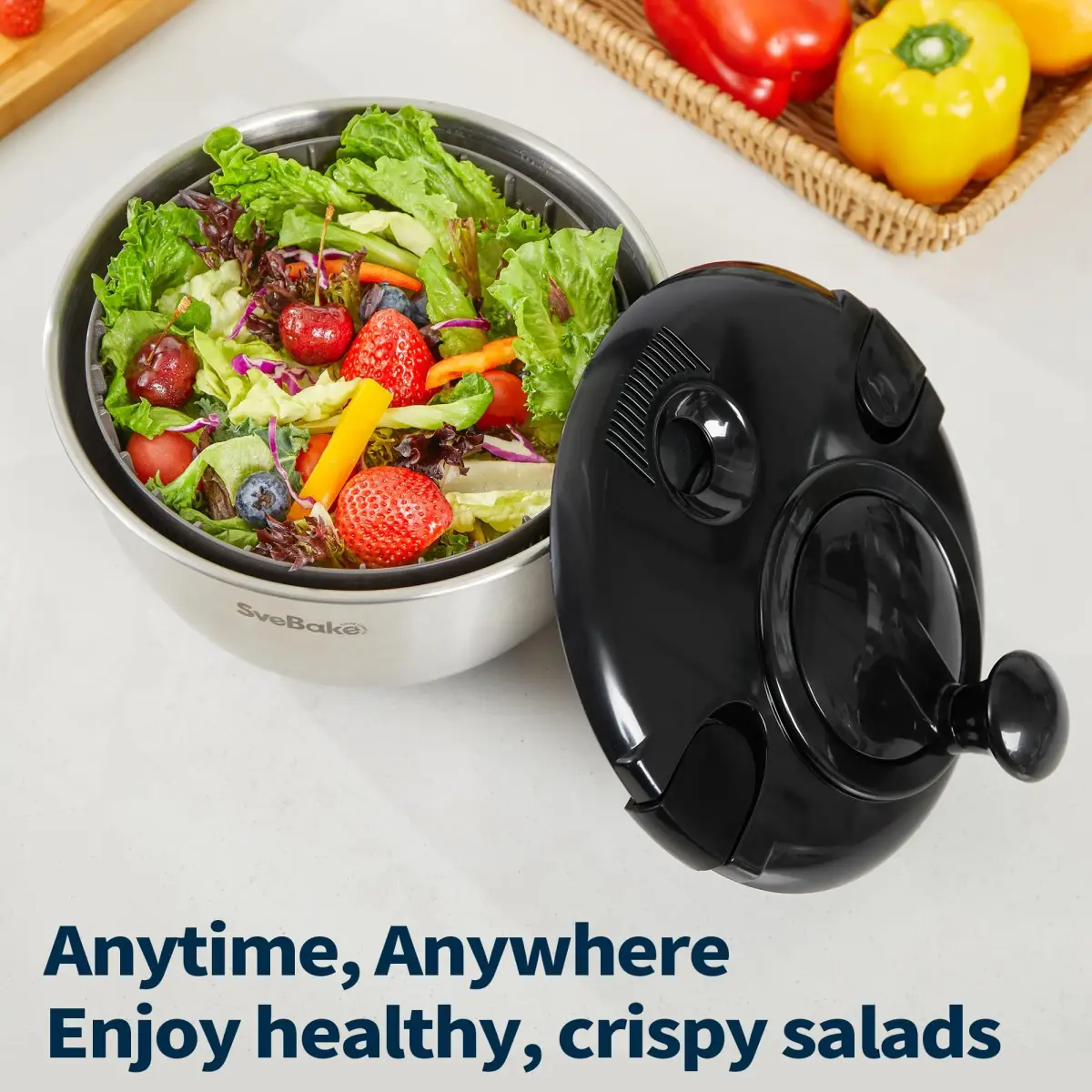 SveBake Stainless Steel Salad Spinner 4.8 Qt with Crank & Non-Slip Base | Washes & Dries Greens, Herbs, Berries, Veggies - view 7
