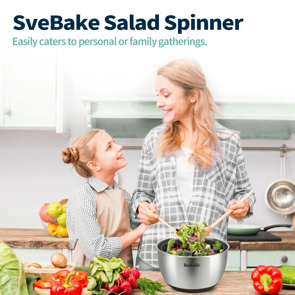 SveBake Stainless Steel Salad Spinner 4.8 Qt with Crank & Non-Slip Base | Washes & Dries Greens, Herbs, Berries, Veggies - view 9