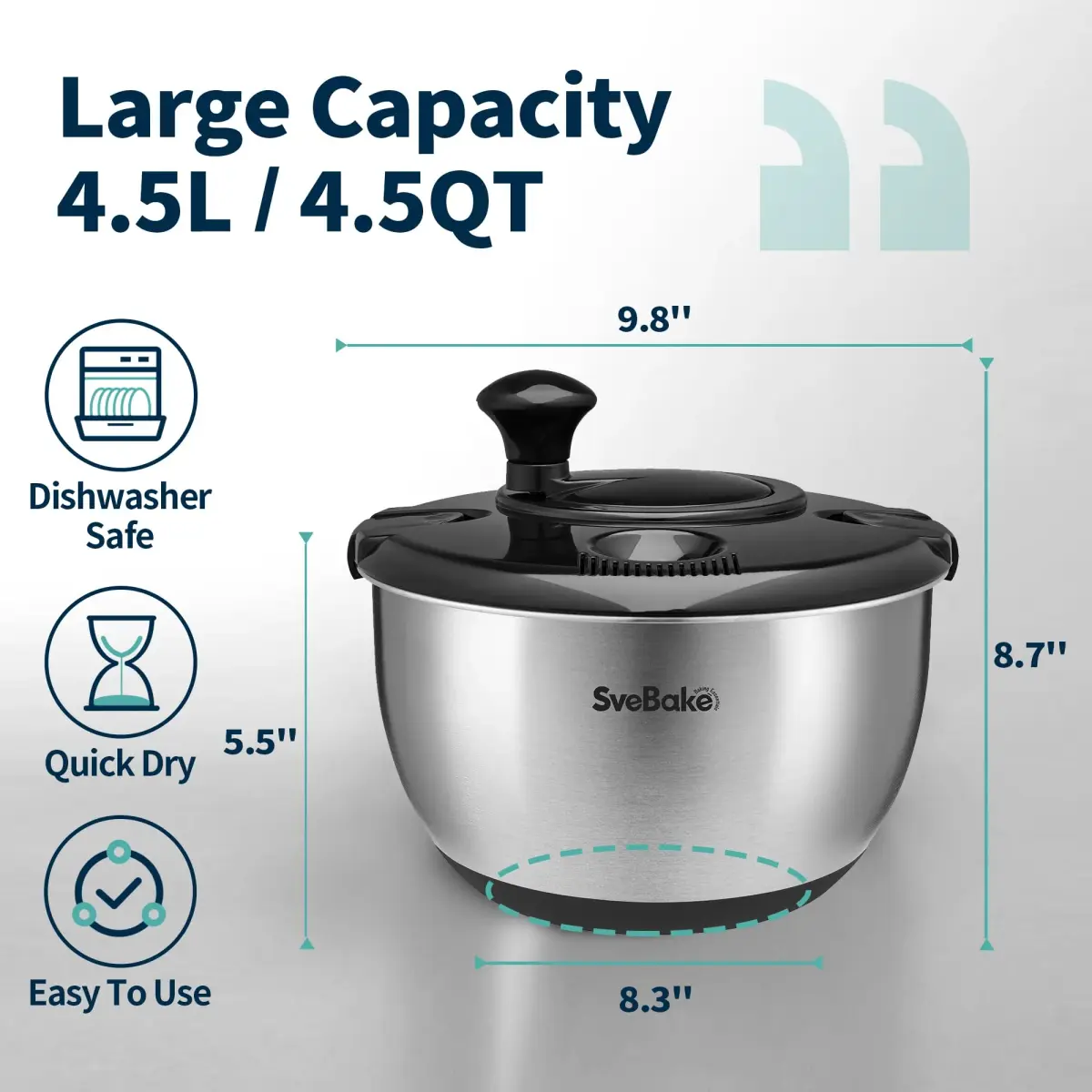 SveBake Stainless Steel Salad Spinner 4.8 Qt with Crank & Non-Slip Base | Washes & Dries Greens, Herbs, Berries, Veggies - view 2