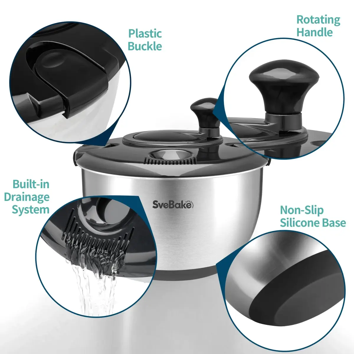 SveBake Stainless Steel Salad Spinner 4.8 Qt with Crank & Non-Slip Base | Washes & Dries Greens, Herbs, Berries, Veggies - view 3