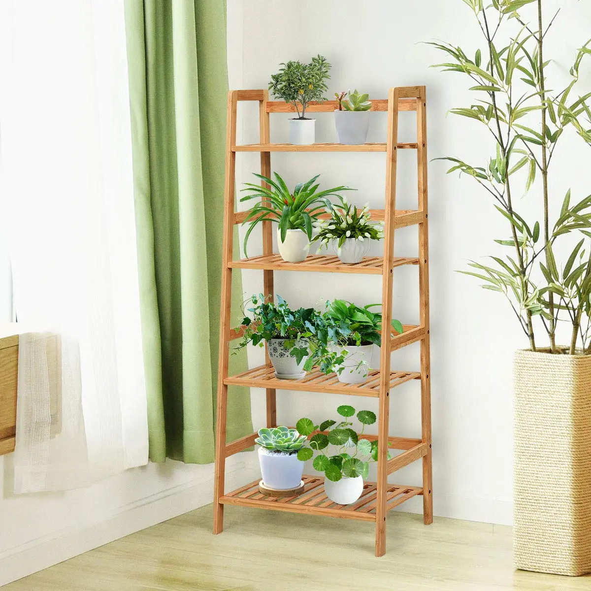 GRAFFY 4-Tier Ladder Shelf Plant Stand, Bamboo Storage Rack, Natural | Modern Home Decor - view 3
