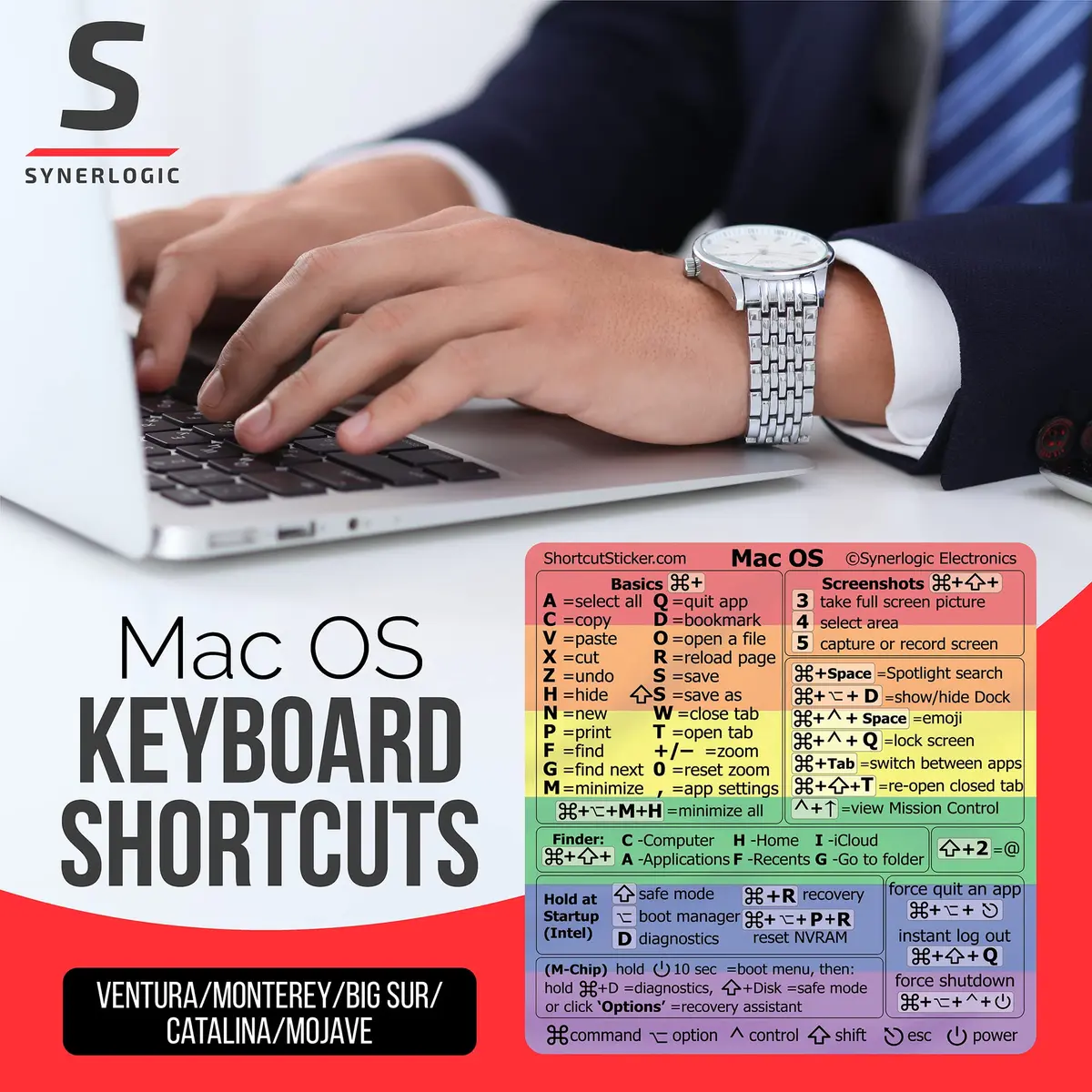 Synerlogic Mac OS Shortcuts Sticker | Laminated Vinyl MacBook Cheatsheet for macOS | Rainbow Edition (3.25 x 3.25 inches) - view 2