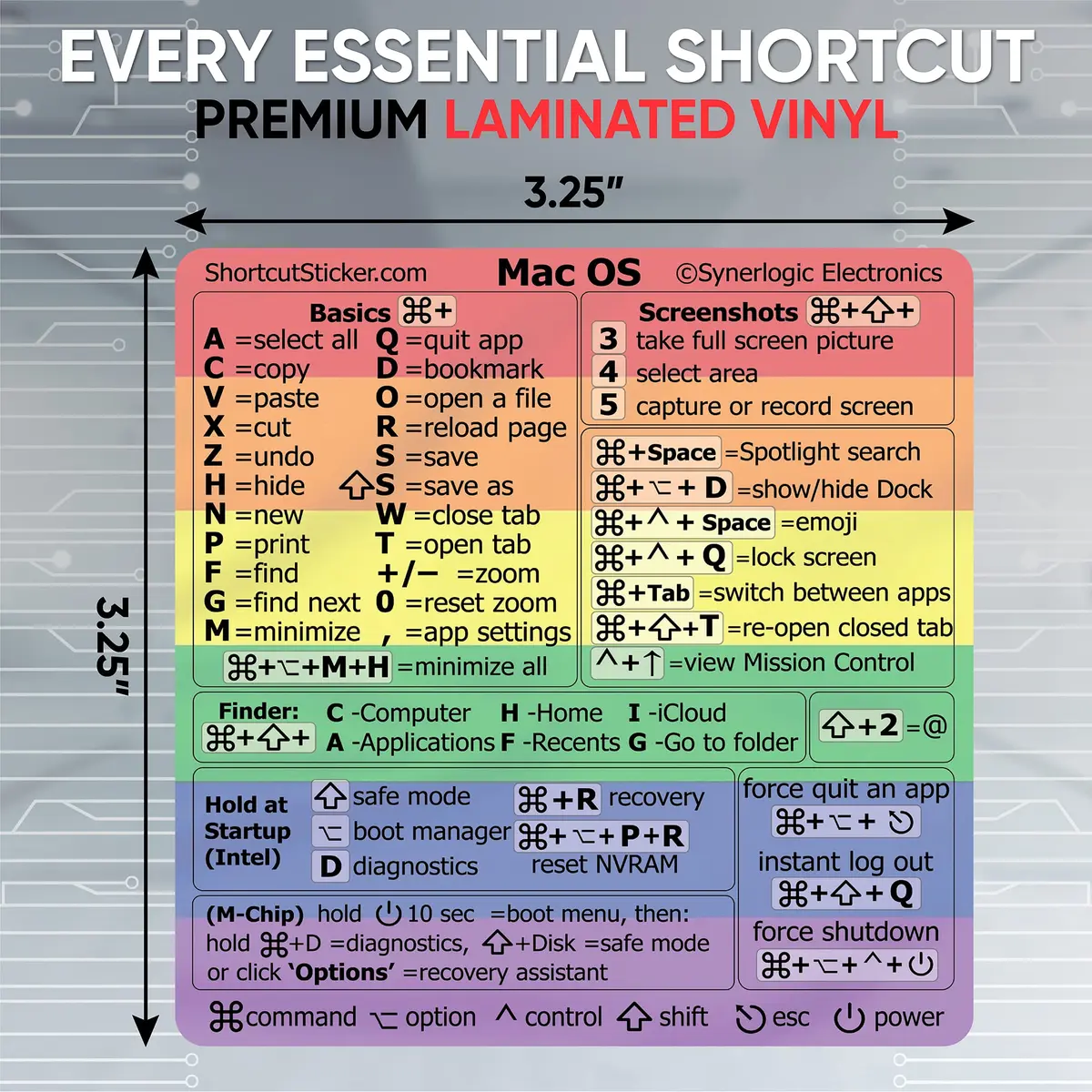 Synerlogic Mac OS Shortcuts Sticker | Laminated Vinyl MacBook Cheatsheet for macOS | Rainbow Edition (3.25 x 3.25 inches) - view 4