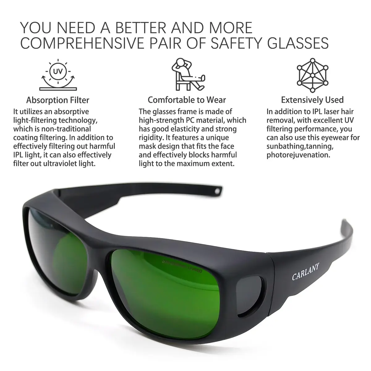 CARLANY Professional IPL Safety Glasses OD 5+ 200-2000nm | CE Certified Anti-Fog Over-the-Glass Design - view 2