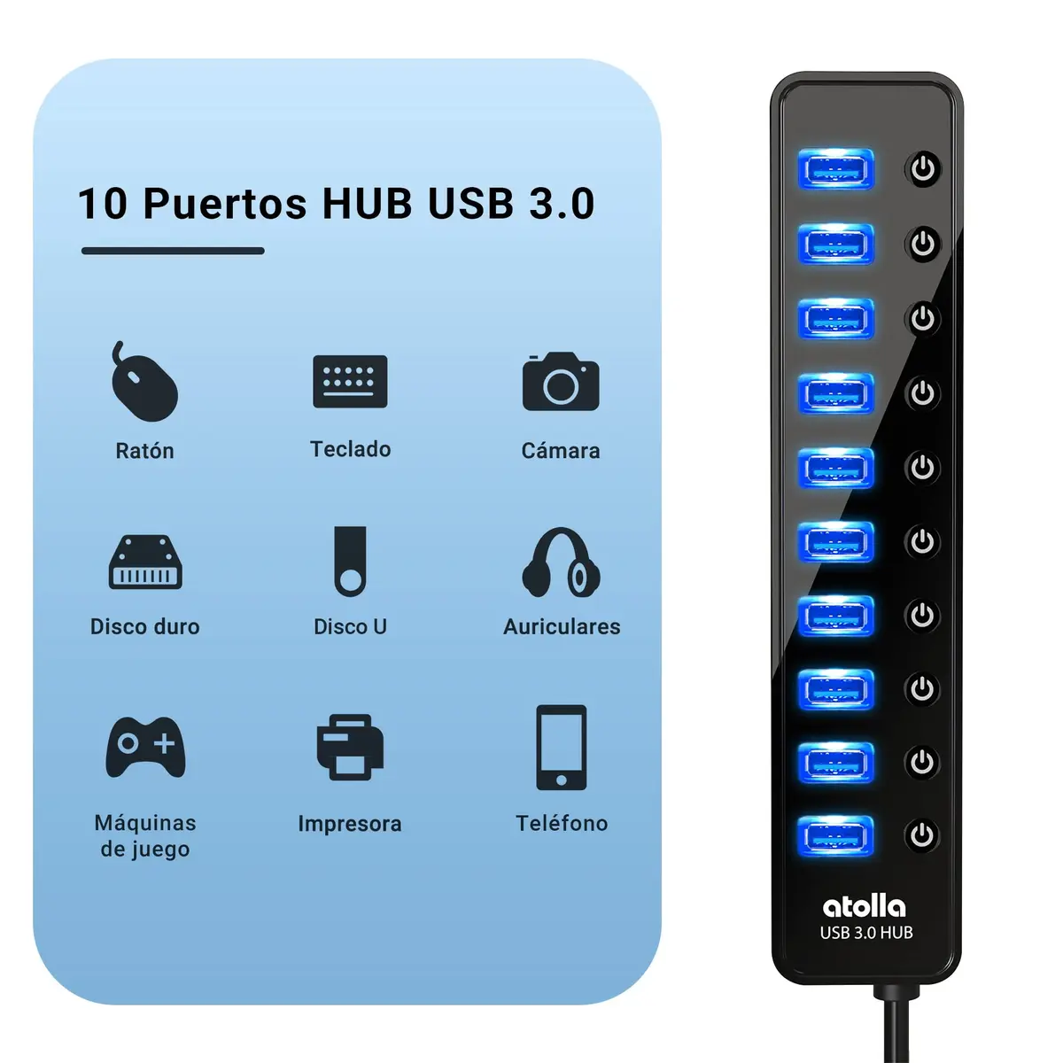 atolla Powered USB 3.0 Hub 10 Ports | High-Speed Data Transfer & Individual ON/OFF Switches - view 2