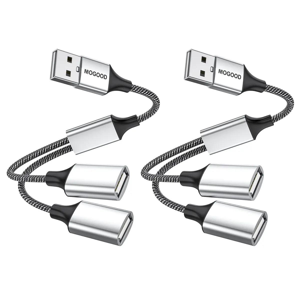 MOGOOD USB Splitter 1-to-2 Y-Cable, 2-Pack Silver | Expands USB-A Port for Data & Charging - main product image