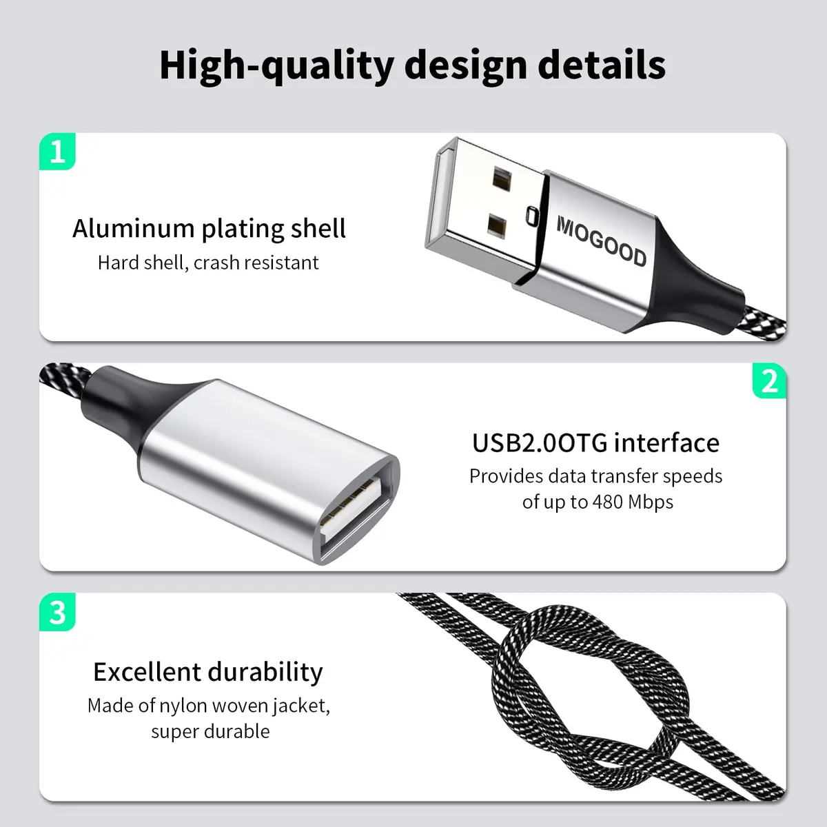 MOGOOD USB Splitter 1-to-2 Y-Cable, 2-Pack Silver | Expands USB-A Port for Data & Charging - view 2