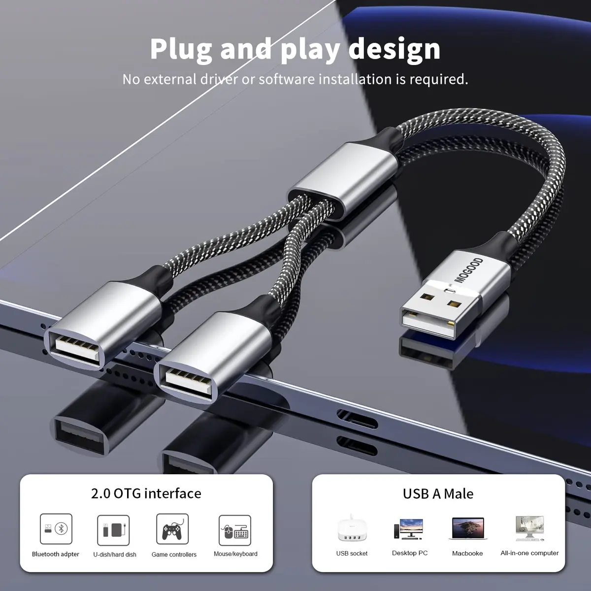 MOGOOD USB Splitter 1-to-2 Y-Cable, 2-Pack Silver | Expands USB-A Port for Data & Charging - view 3