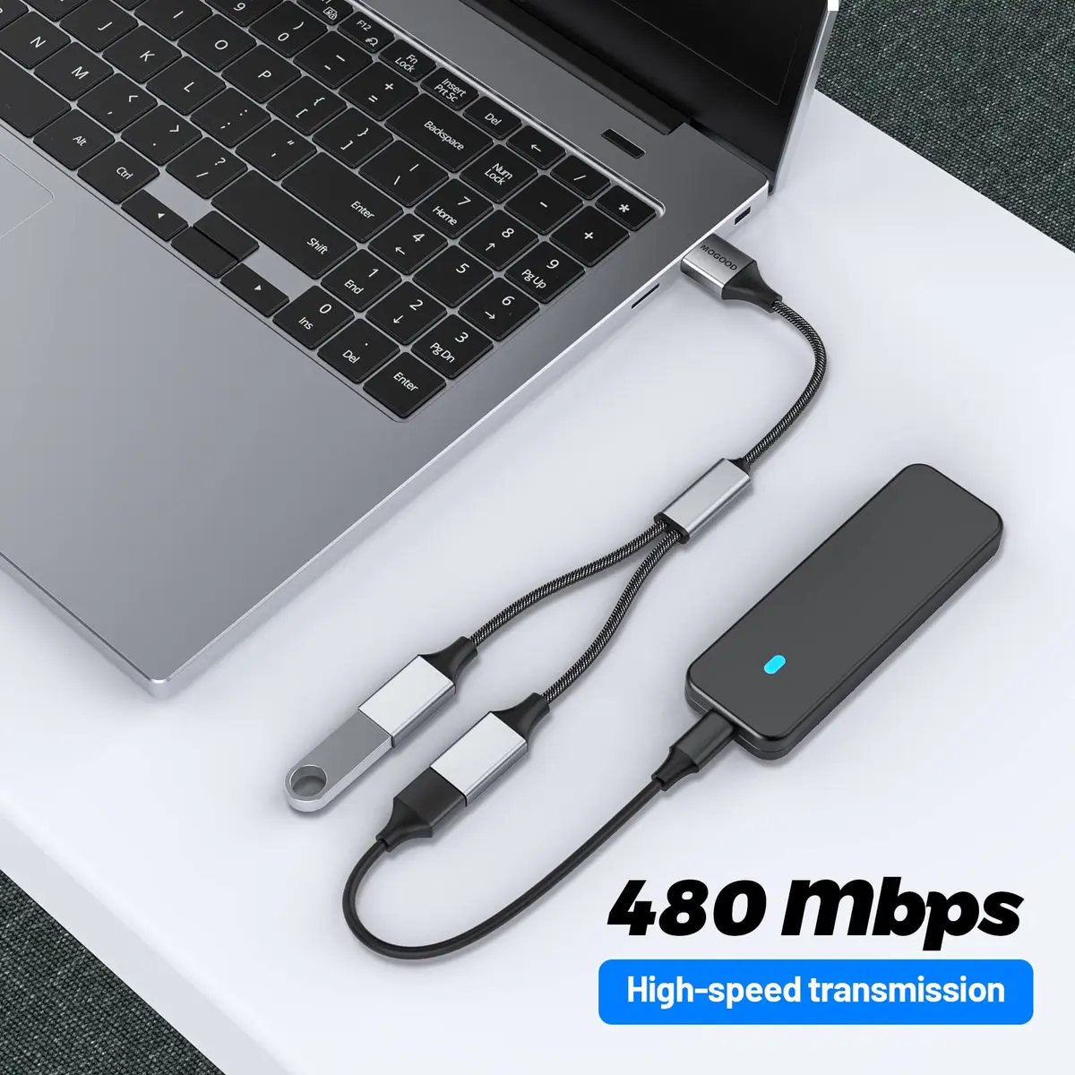 MOGOOD Dual USB 2.0 Port Extender Hub with Aluminum & Nylon Braided Cable | 480 Mbps Data Transfer - view 5