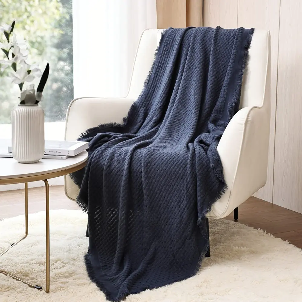 CREVENT Farmhouse Waffle Knit Throw Blanket for Couch Sofa Chair Bed Home Decoration, Soft Warm Cozy Light Weight for Spring Summer Fall (50''X60'' Navy Blue) - main product image
