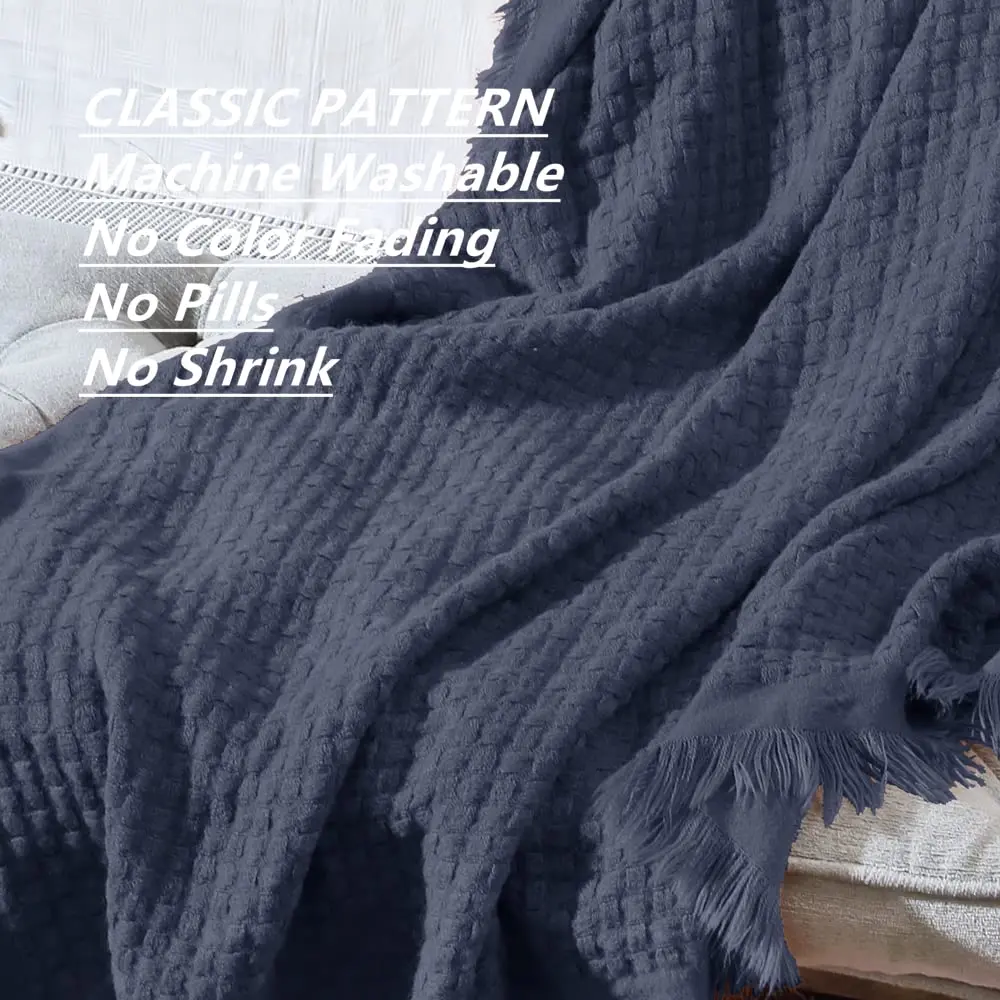 CREVENT Farmhouse Waffle Knit Throw Blanket for Couch Sofa Chair Bed Home Decoration, Soft Warm Cozy Light Weight for Spring Summer Fall (50''X60'' Navy Blue) - view 3