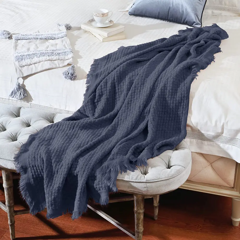 CREVENT Farmhouse Waffle Knit Throw Blanket for Couch Sofa Chair Bed Home Decoration, Soft Warm Cozy Light Weight for Spring Summer Fall (50''X60'' Navy Blue) - view 4