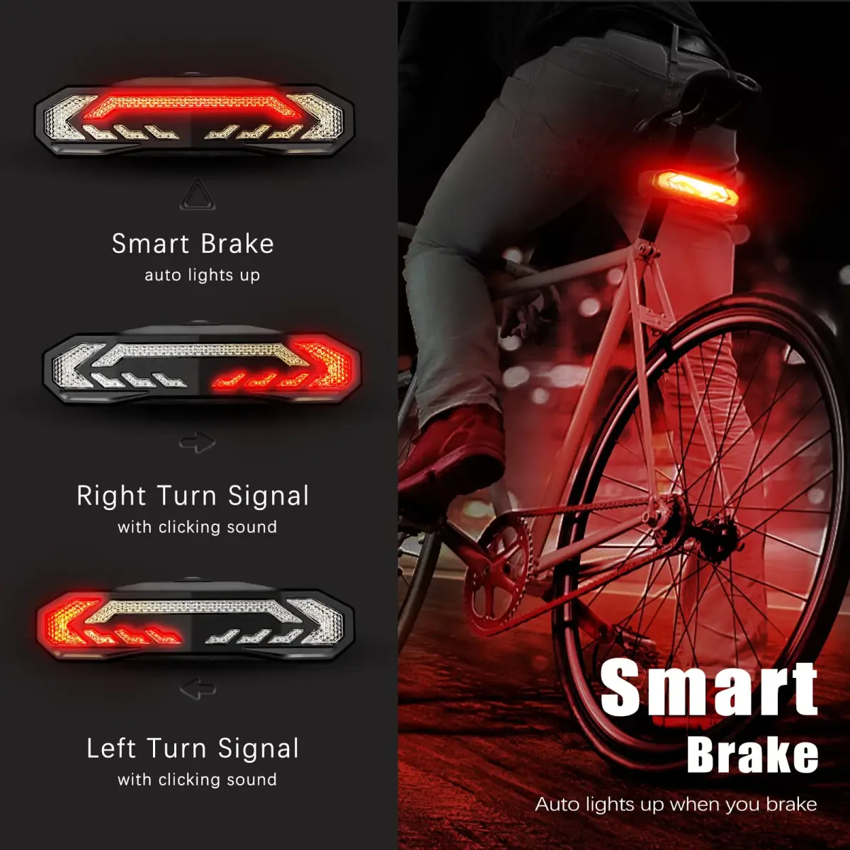 wsdcam Smart Bike Tail Light with Turn Signals, Brake Light, Alarm & Horn - 160 Lumens | USB Rechargeable, IP54 Waterproof - view 3