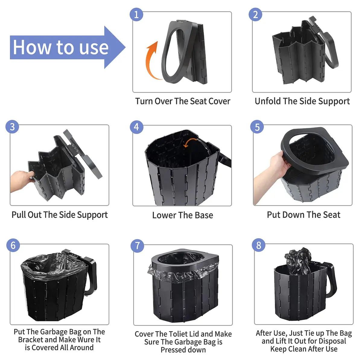 Zinyeme Portable Toilet for Camping, Folding Commode Bucket with 12 Bags & Carry Bag, 400 lb Capacity | Outdoor Travel Restroom - view 5