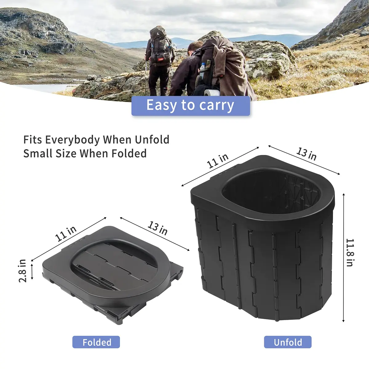 Zinyeme Portable Toilet for Camping, Folding Commode Bucket with 12 Bags & Carry Bag, 400 lb Capacity | Outdoor Travel Restroom - view 2