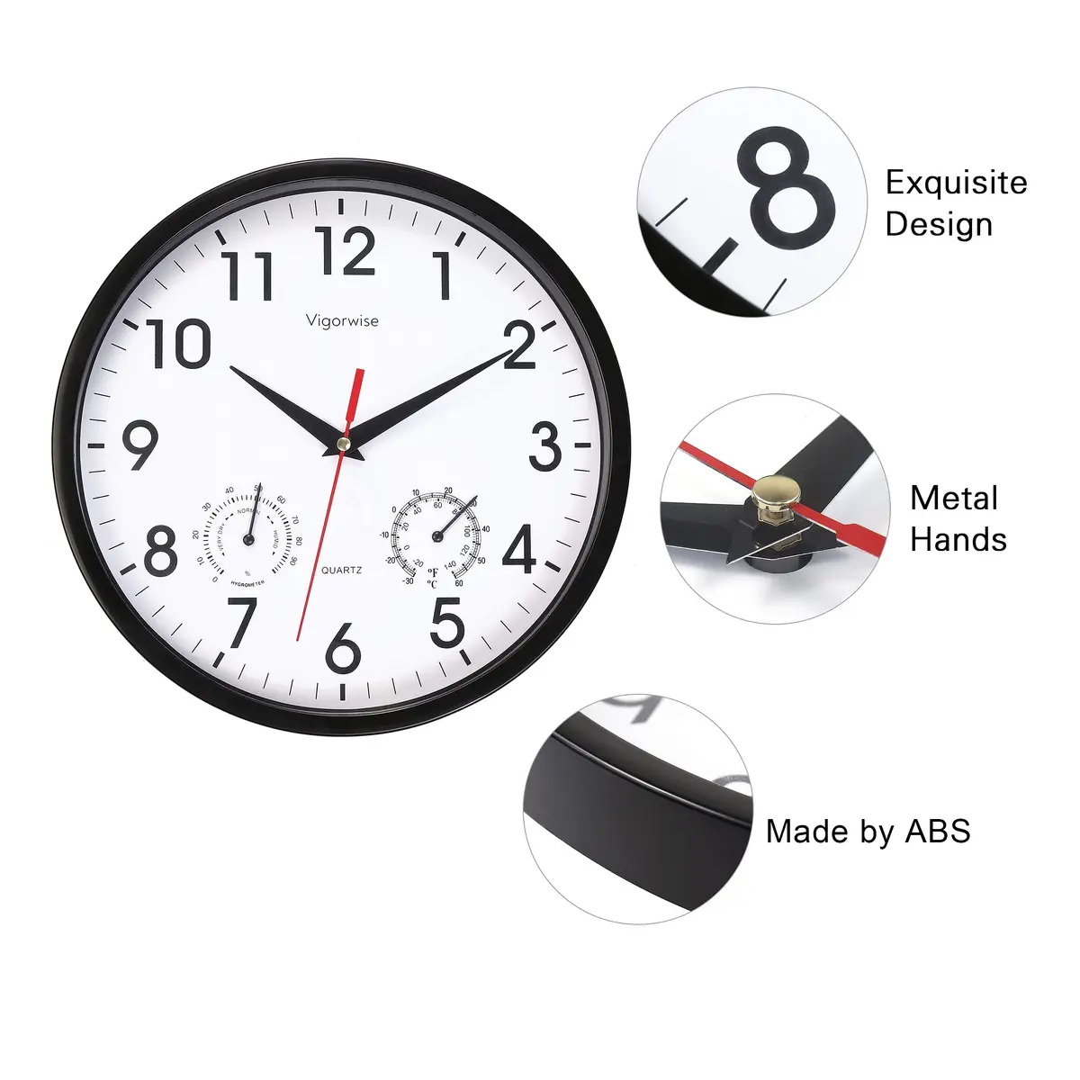 Vigorwise 10 Inch Black Wall Clock Silent Wall Clocks with Temperature - view 3