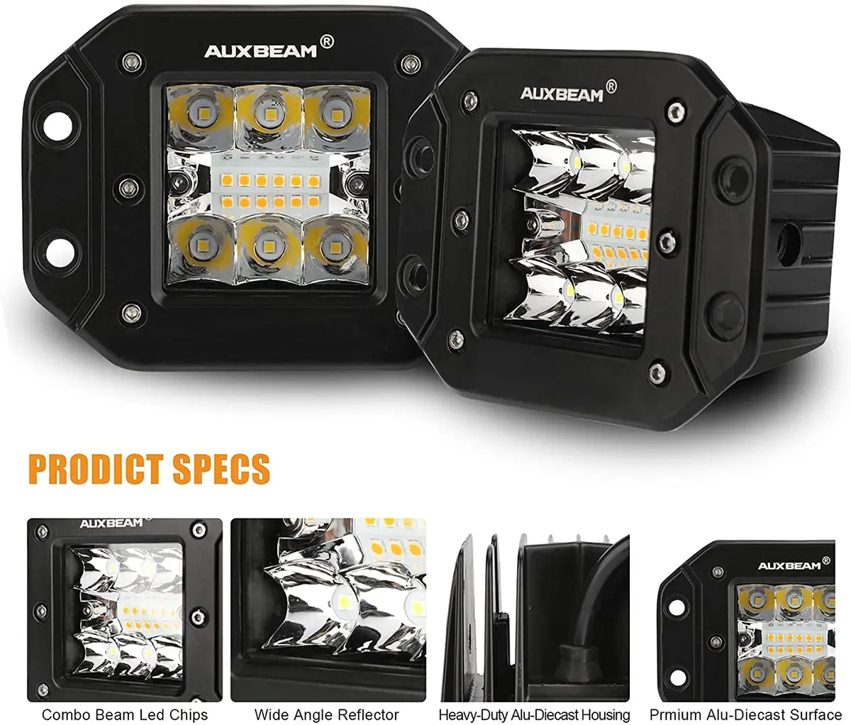 Auxbeam 5 Inch Pod Lights 72W White Amber Strobe Offroad Flush Mount Light | 6 Modes, IP68, Aluminum - view 8