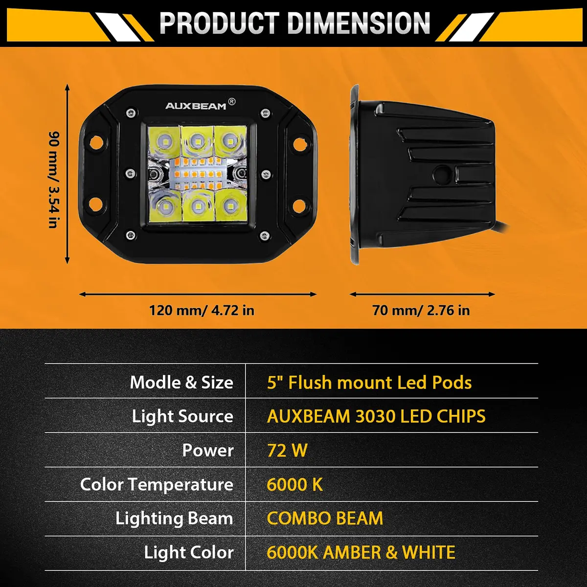 Auxbeam 5 Inch Pod Lights 72W White Amber Strobe Offroad Flush Mount Light | 6 Modes, IP68, Aluminum - view 3