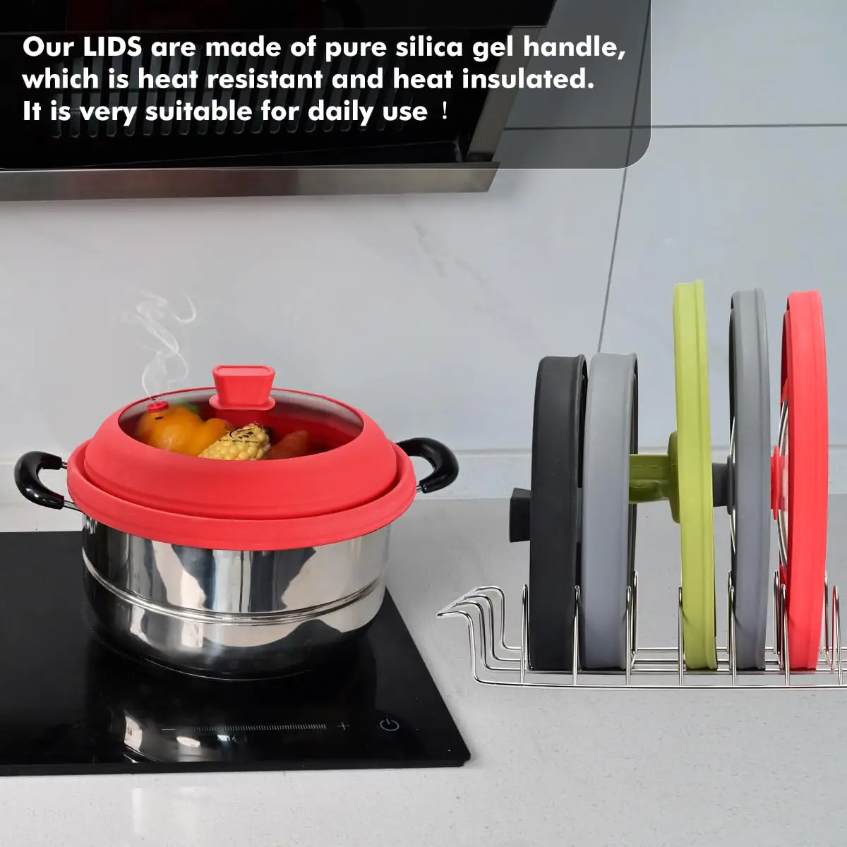 GLOU-GLOU GOOSE GGG Microwave Splatter Cover Glass Lid 10.8 inch | Collapsible Silicone, Tempered Glass, Anti-Scald Handle - view 6
