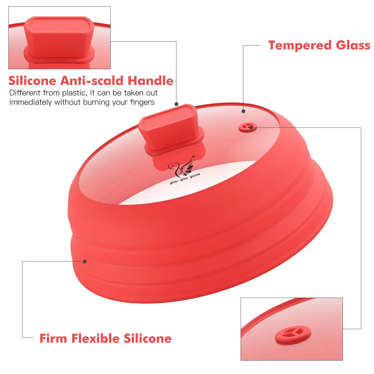 GLOU-GLOU GOOSE GGG Microwave Splatter Cover Glass Lid 10.8 inch | Collapsible Silicone, Tempered Glass, Anti-Scald Handle - view 2