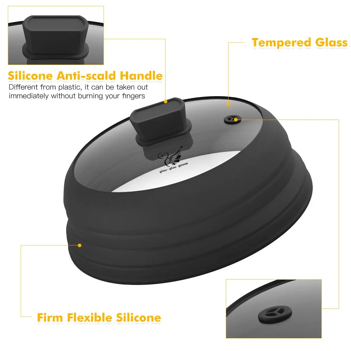 GLOU-GLOU GOOSE GGG Microwave Splatter Cover Glass Lid 10.8 inch | Collapsible Silicone, Tempered Glass, Anti-Scald Handle - view 3