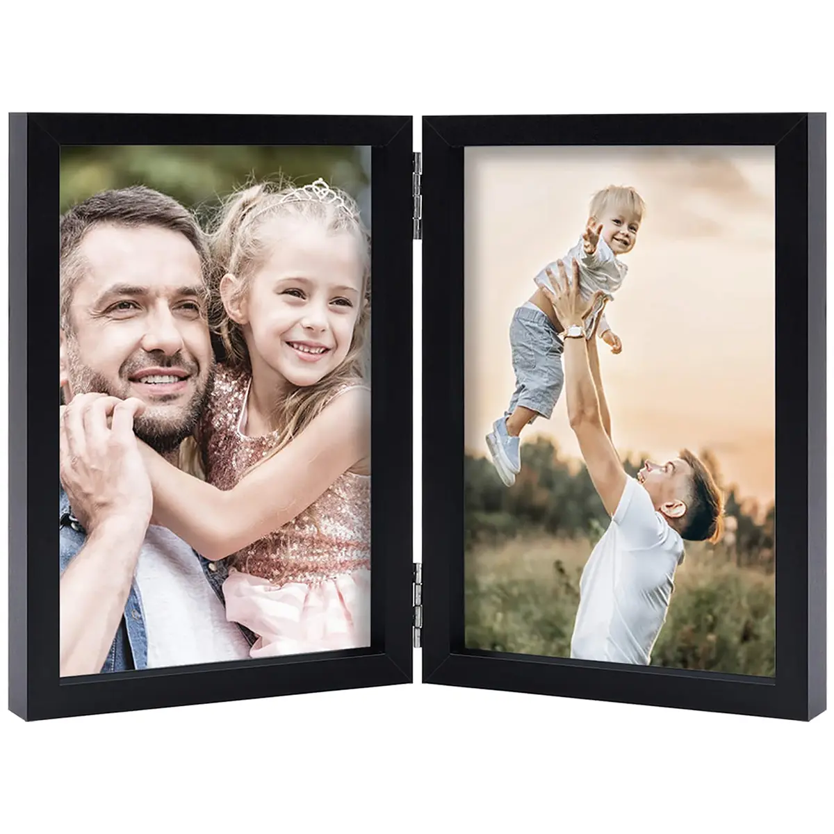 WUTL 5x7 Double Picture Frames Hinged with Real Glass Stand Vertical Wood Black - main product image