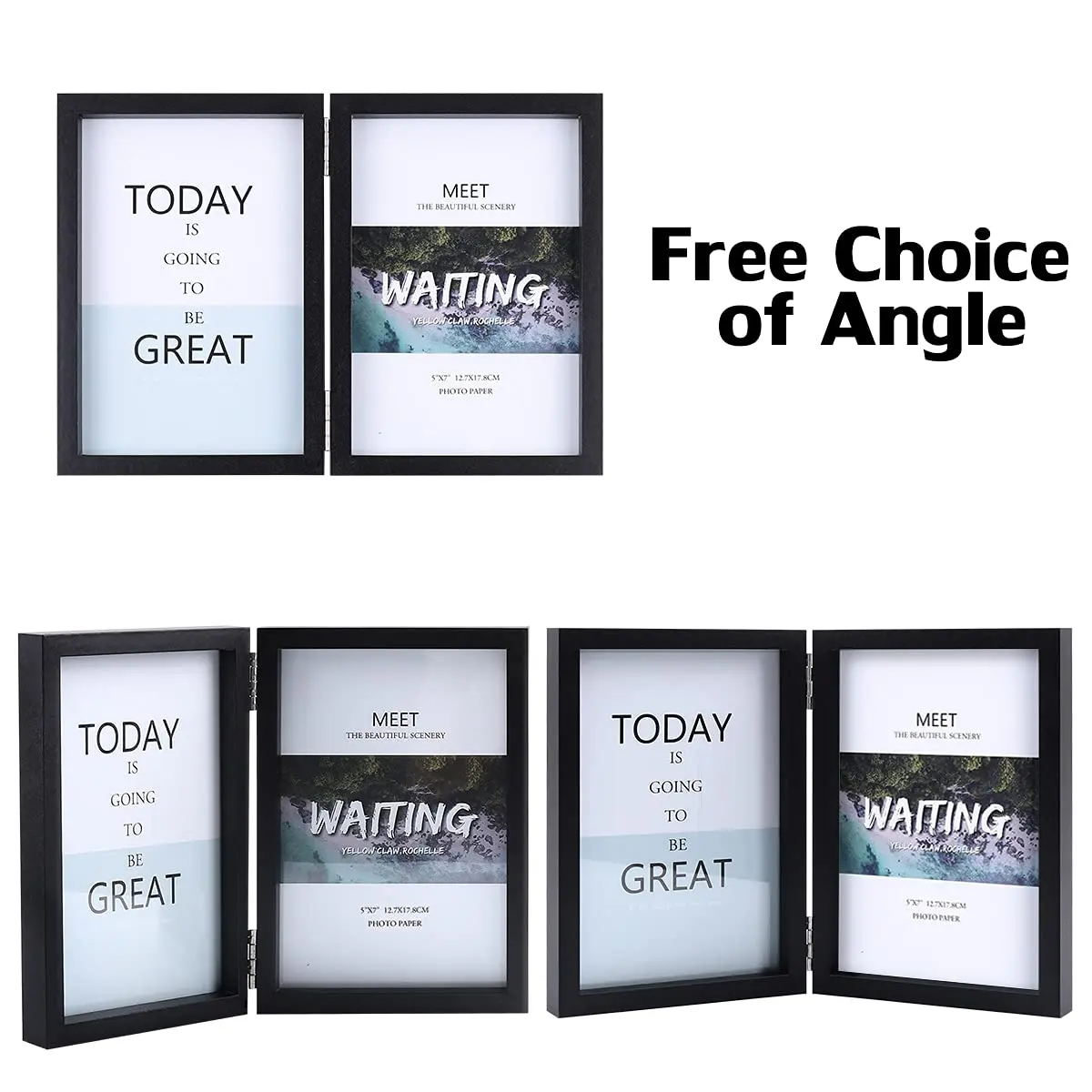 WUTL 5x7 Double Picture Frames Hinged with Real Glass Stand Vertical Wood Black - view 5