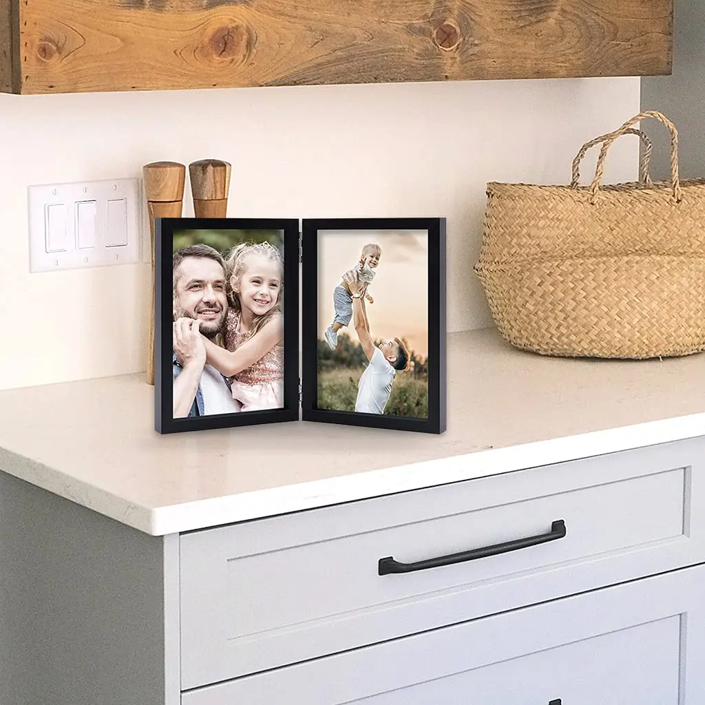 WUTL 5x7 Double Picture Frames Hinged with Real Glass Stand Vertical Wood Black - view 6