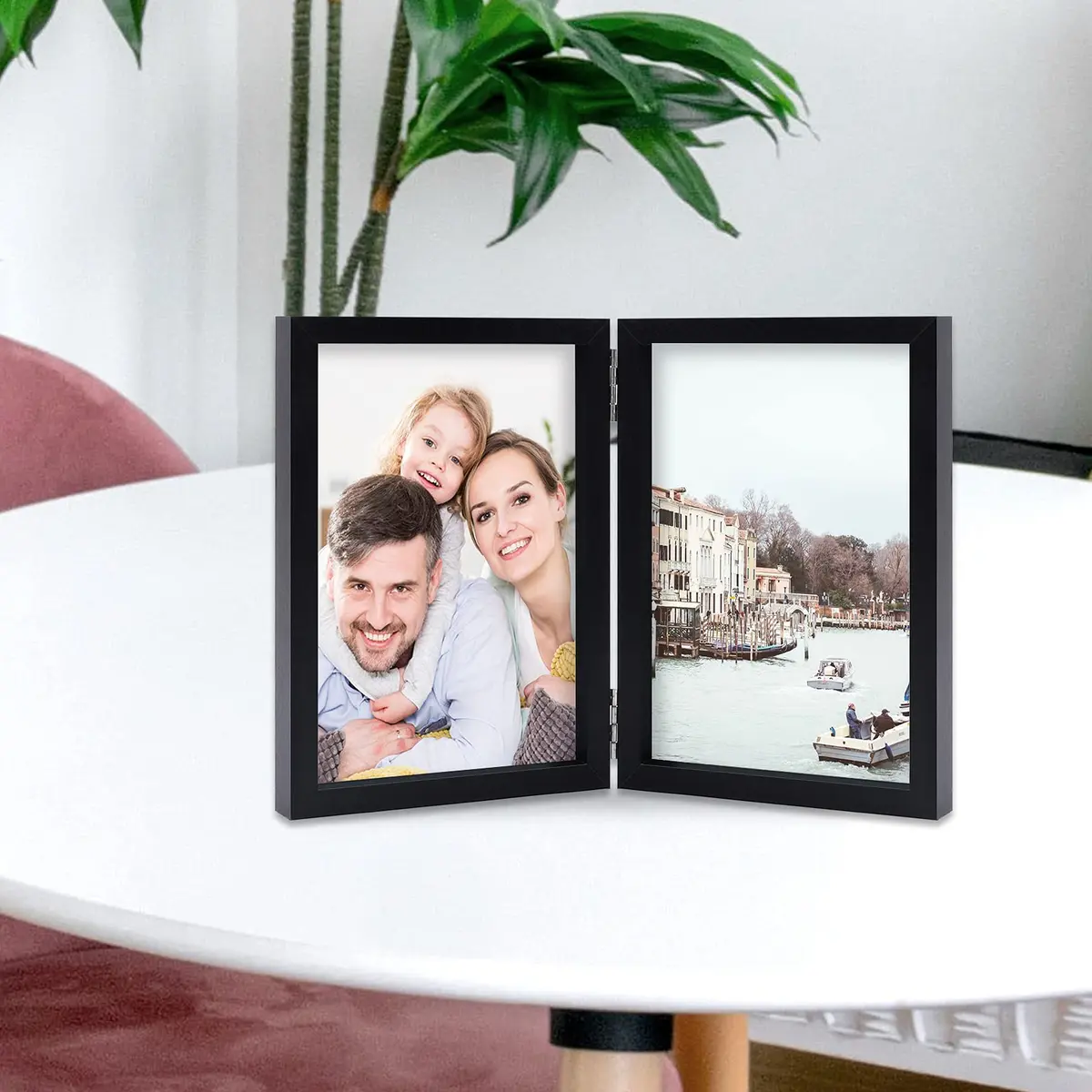 WUTL 5x7 Double Picture Frames Hinged with Real Glass Stand Vertical Wood Black - view 7