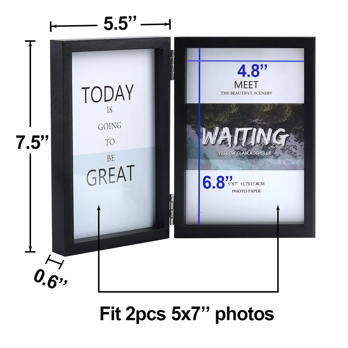 WUTL 5x7 Double Picture Frames Hinged with Real Glass Stand Vertical Wood Black - view 2