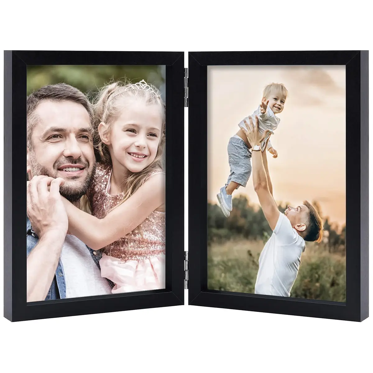 WUTL 4x6 Double Picture Frame MDF Wood with Real Glass Stand Vertical on Tabletop, Black | Elegant Family Memory Display - main product image