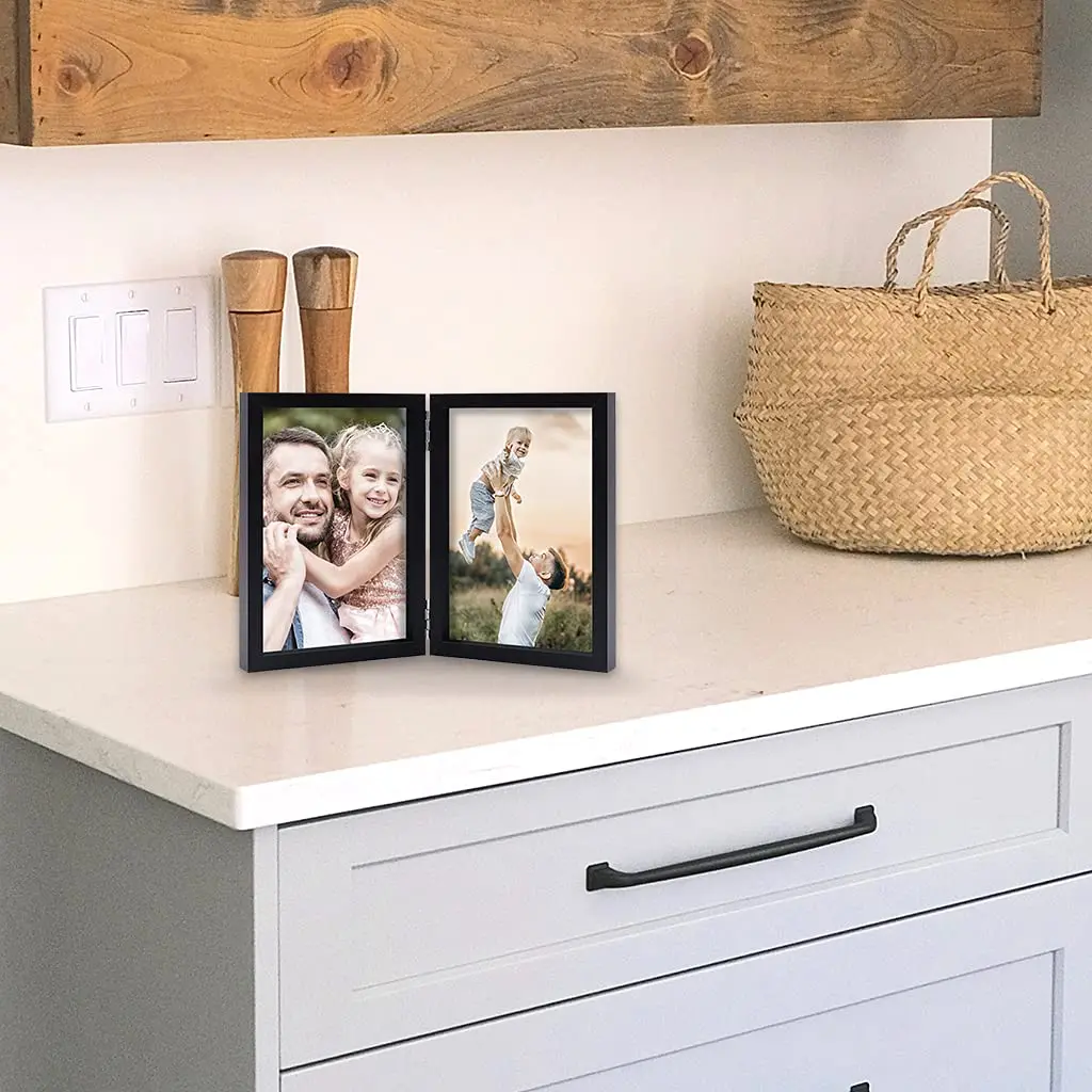 WUTL 4x6 Double Picture Frame MDF Wood with Real Glass Stand Vertical on Tabletop, Black | Elegant Family Memory Display - view 6