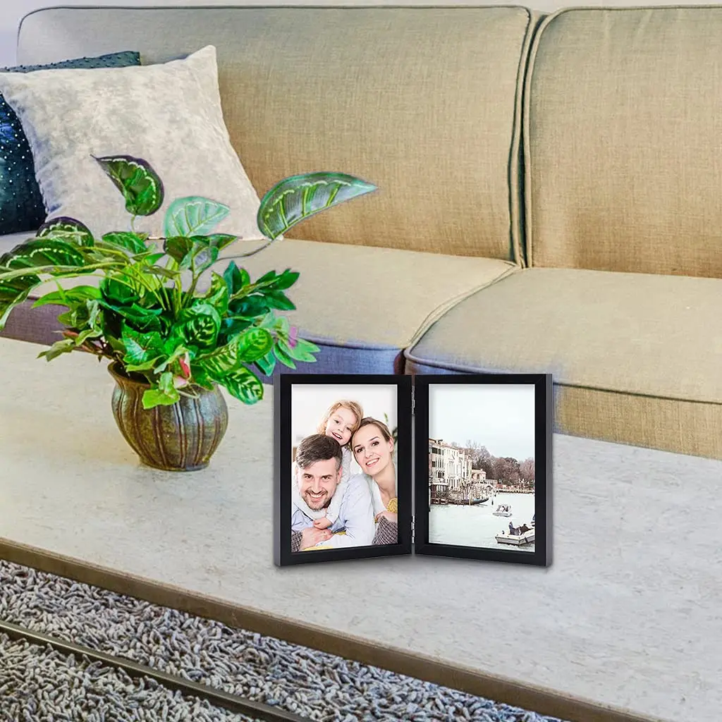 WUTL 4x6 Double Picture Frame MDF Wood with Real Glass Stand Vertical on Tabletop, Black | Elegant Family Memory Display - view 7