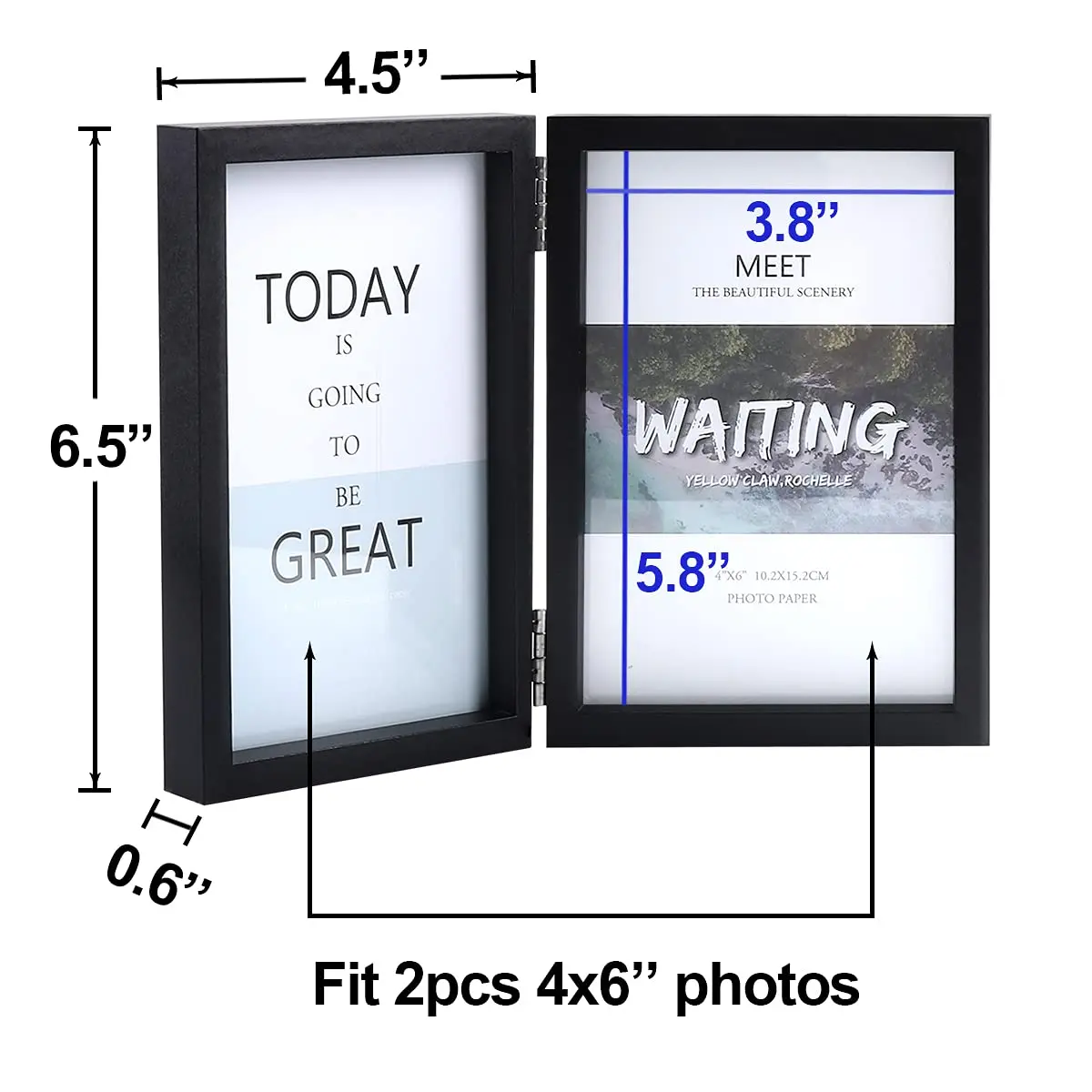 WUTL 4x6 Double Picture Frame MDF Wood with Real Glass Stand Vertical on Tabletop, Black | Elegant Family Memory Display - view 2