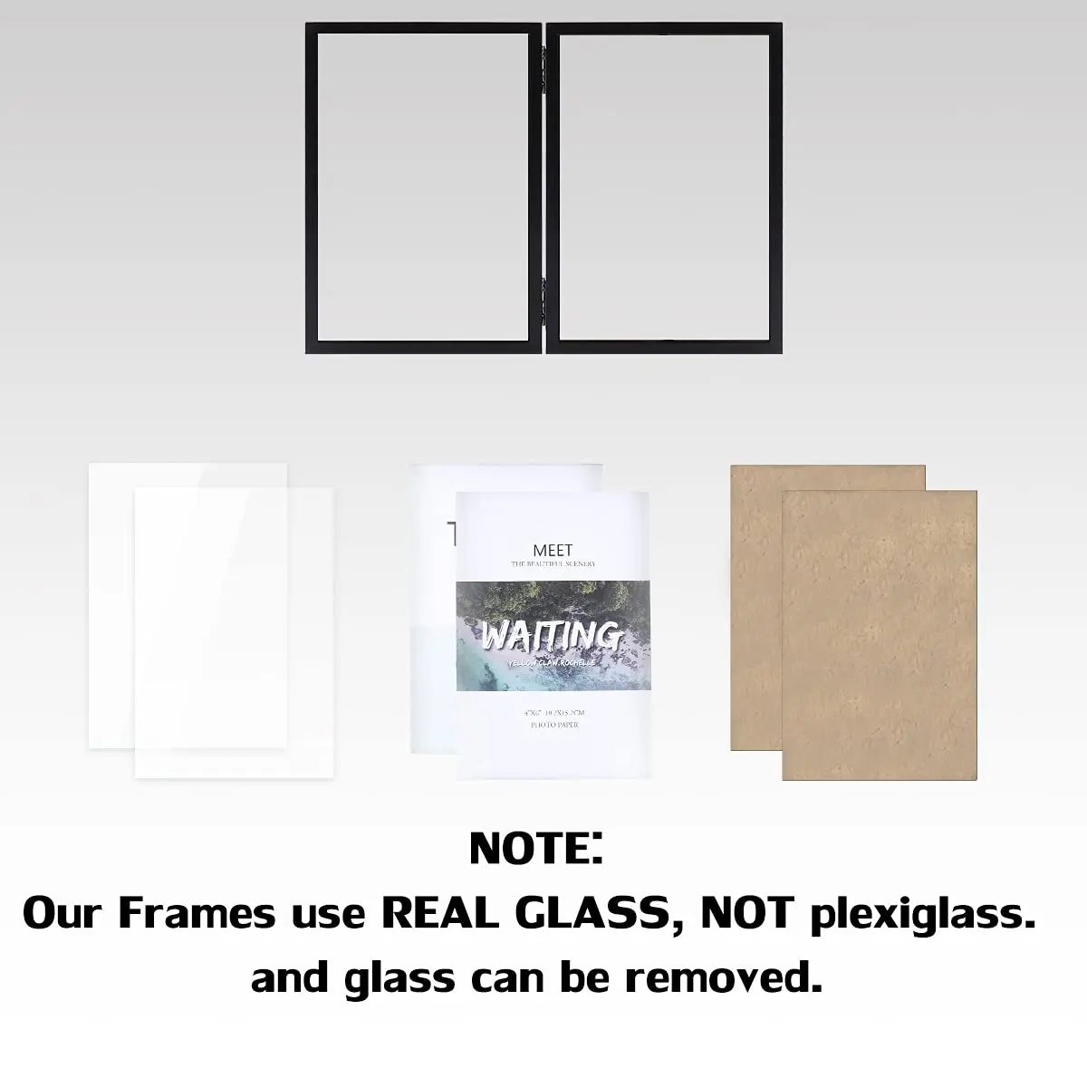 WUTL 4x6 Double Picture Frame MDF Wood with Real Glass Stand Vertical on Tabletop, Black | Elegant Family Memory Display - view 3
