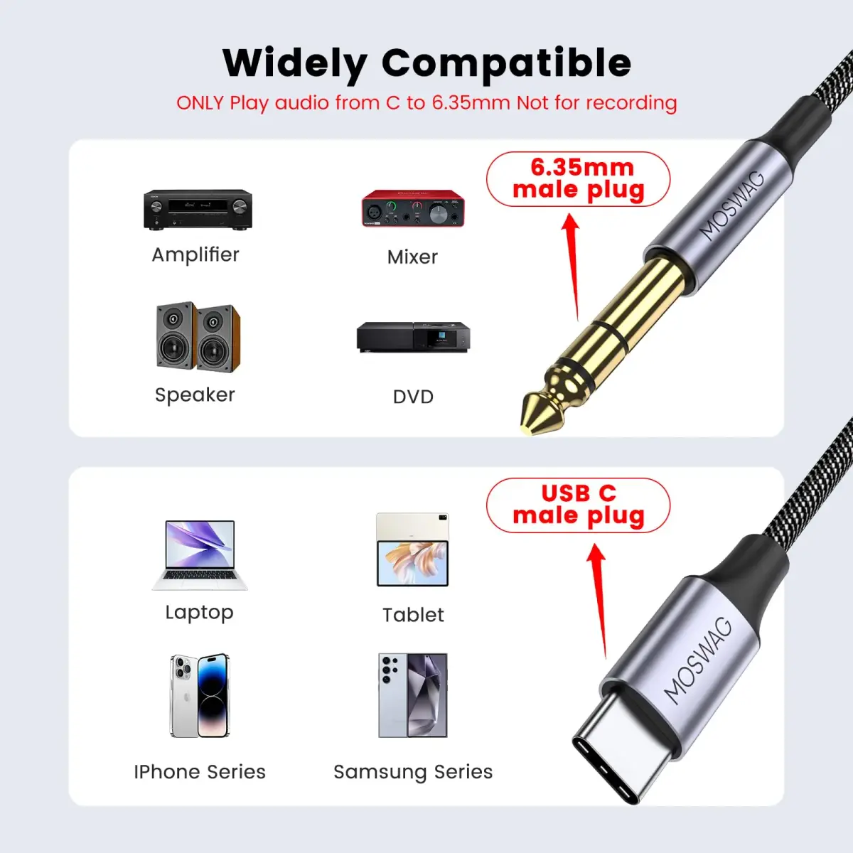 MOSWAG USB-C to 6.35mm 1/4" TRS Stereo Audio Cable 1m (3.28ft) | Hi-Fi Sound Quality for Playback Only - view 2