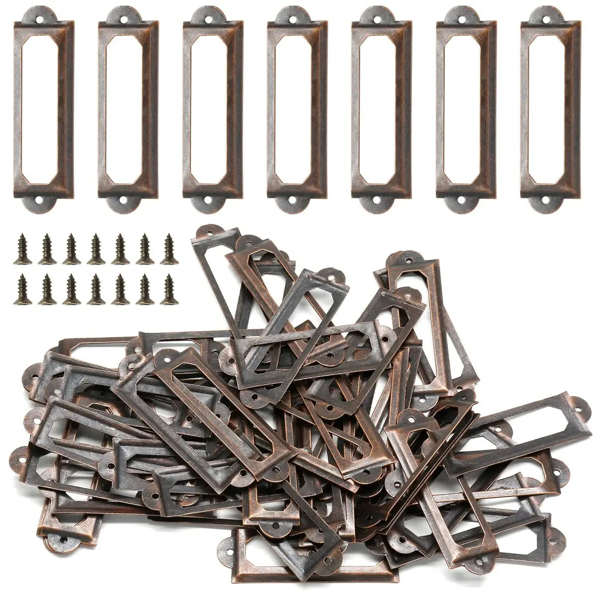 Qjaiune Metal Label Holders 60x17mm Red Bronze (2.36"x0.67") with Screws | Antique Copper Finish, Rust-Resistant, 50-Pack - main product image